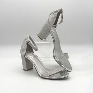 Bandolino Block Heel Sandals Women 9.5 Silver Glitter Sparkly Formal Dressy Prom